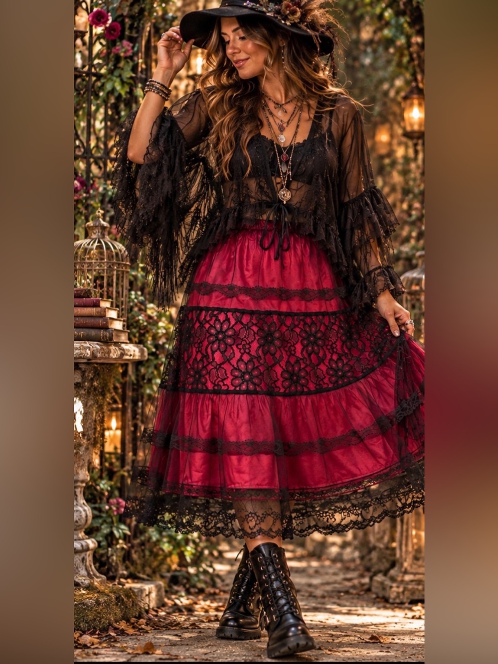 Whimsy Goth Fuchsia Black Lace Midi Skirt Fairy Grunge Romantic Gothic